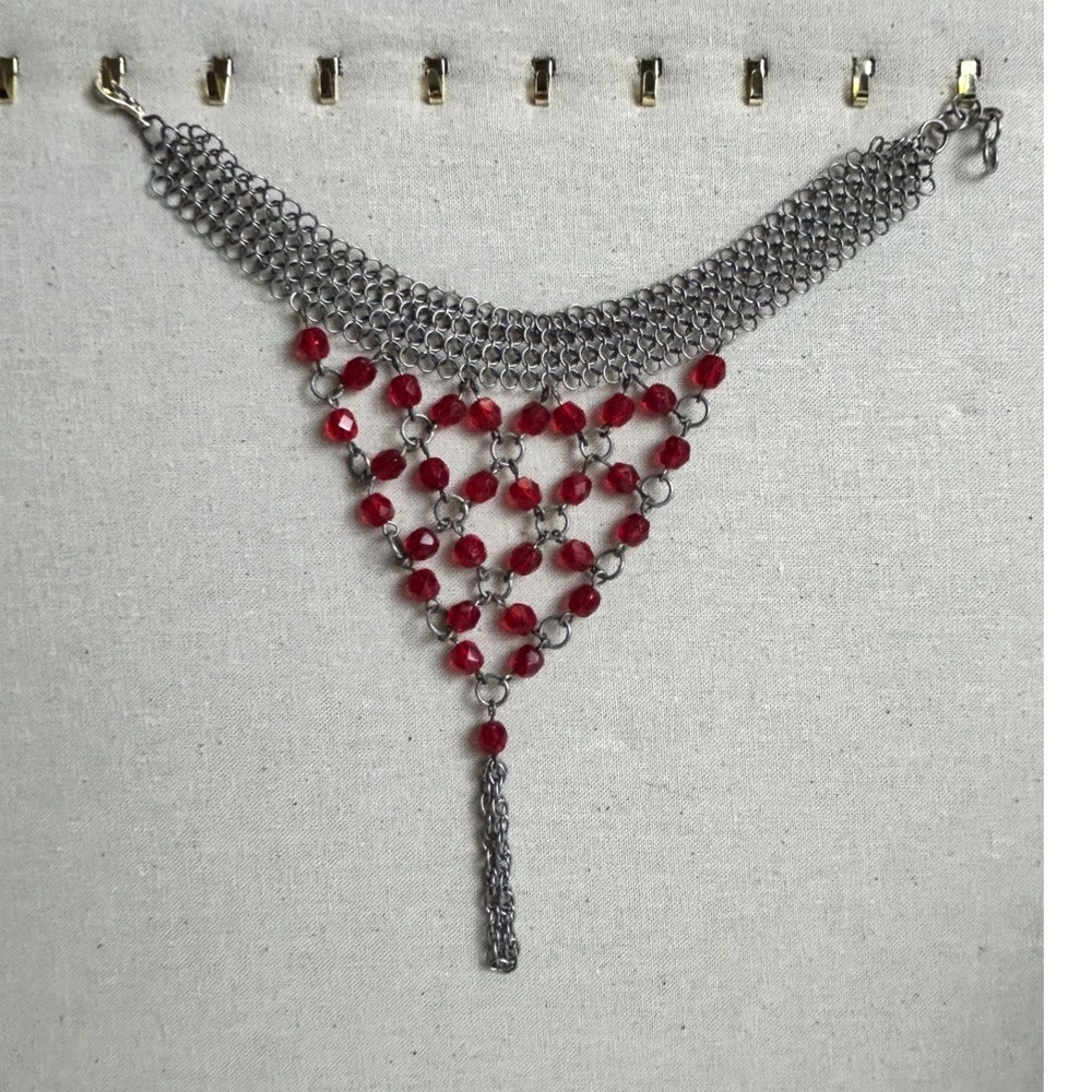 Red Beaded Chainmail Hand Drape Chain Slave Bracelet Gunmetal Tone